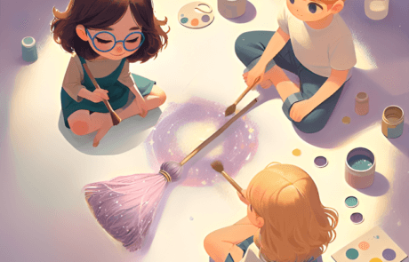 Illustration aus dem Buch: Isabel, Juanma und María bemalen auf dem Boden sitzend einen Besen mit Glitzer.