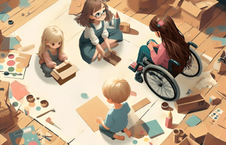 Illustration aus dem Buch: Die vier Geschwister bauen ihre Pappkostüme, umgeben von Kartons und Farben.