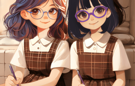 Illustration aus dem Buch: Isabel und Martina, in der Schuluniform, schreiben in ihre Hefte.