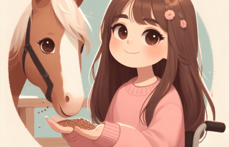 Illustration aus dem Buch: Carolina füttert von ihrem Rollstuhl aus ein Pferd.