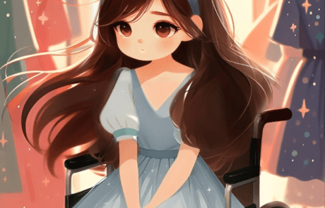 Illustration aus dem Buch: Carolina, in ihrem Rollstuhl, wählt ein Kleid zwischen den Bügeln eines Geschäfts aus.