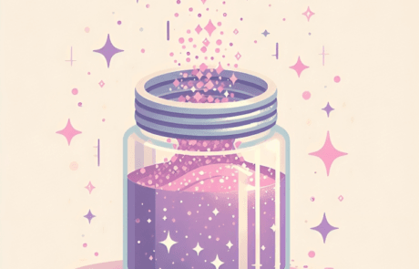 Illustration aus dem Buch: eine geöffnete malvenfarbene Glitzerdose, aus der Glanz und Sterne entweichen.