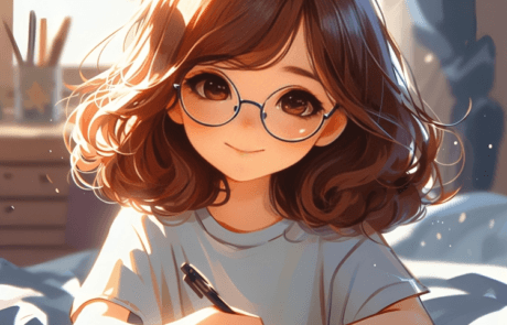 Illustration aus dem Buch: Isabel schreibt mit ihrer runden Brille auf dem Bett liegend in ihr Heft.
