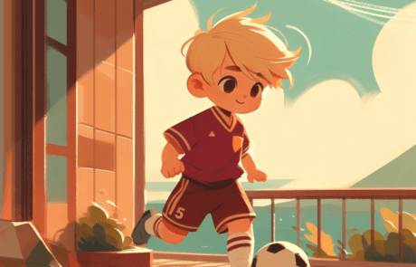 Illustration aus dem Buch: Juanma, in seiner Fußballkleidung, schießt den Ball auf einer Terrasse mit Blick aufs Meer.