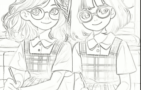 Ausmalbild: Isabel und Martina, in der Schuluniform, schreiben in ihre Hefte.
