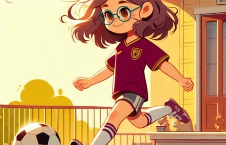 Kapitelillustration: Isabel, mit Brille und Fußballtrikot, läuft vor dem Haus dem Ball hinterher.