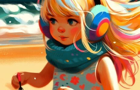 Kapitelillustration: María baut mit ihren bunten Ohrenschützern eine Sandburg am Strand.