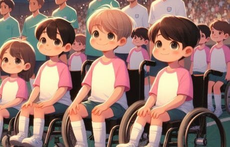 Kapitelillustration: Kinder im Rollstuhl laufen mit den Spielern aufs Feld, um seltene Krankheiten sichtbar zu machen.