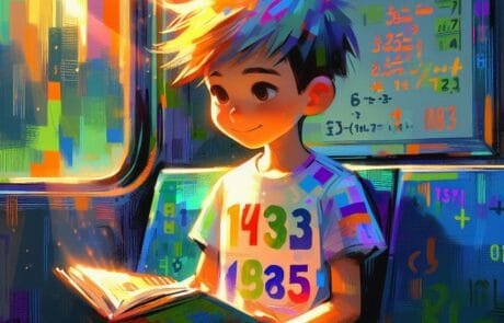 Kapitelillustration: Juanma liest in der U-Bahn, umgeben von bunten Zahlen und Rechenaufgaben.