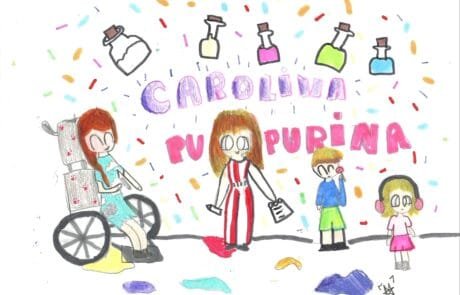 Zeichnung von Martina mit dem Titel „Carolina Purpurina“: die Hauptfigur und ihre Geschwister zwischen Glitzerdosen.