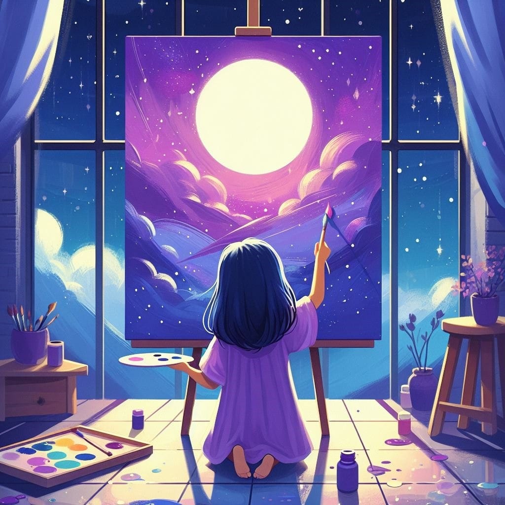 Kapitelillustration: Martina malt auf ihrer Staffelei einen Sternenhimmel mit einem großen Mond.