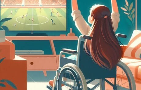 Kapitelillustration: Carolina hebt die Arme und jubelt vor dem Fernseher über ein Tor.