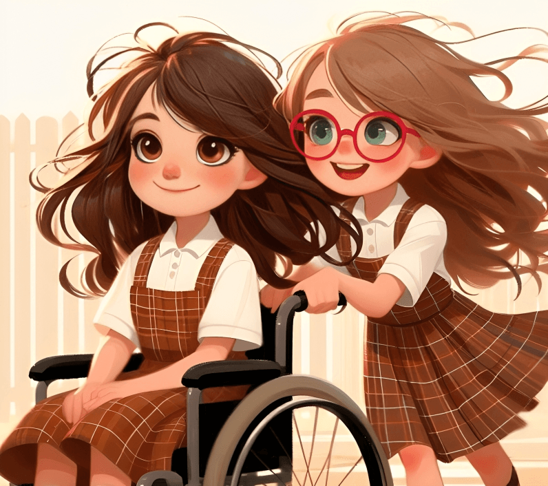 Kapitelillustration: Patri schiebt Carolinas Rollstuhl; beide tragen die Schuluniform.