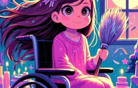 Kapitelillustration: Carolina hält auf ihrer Geburtstagsfeier einen glitzernden Besen, zwischen Torten und Kerzen.