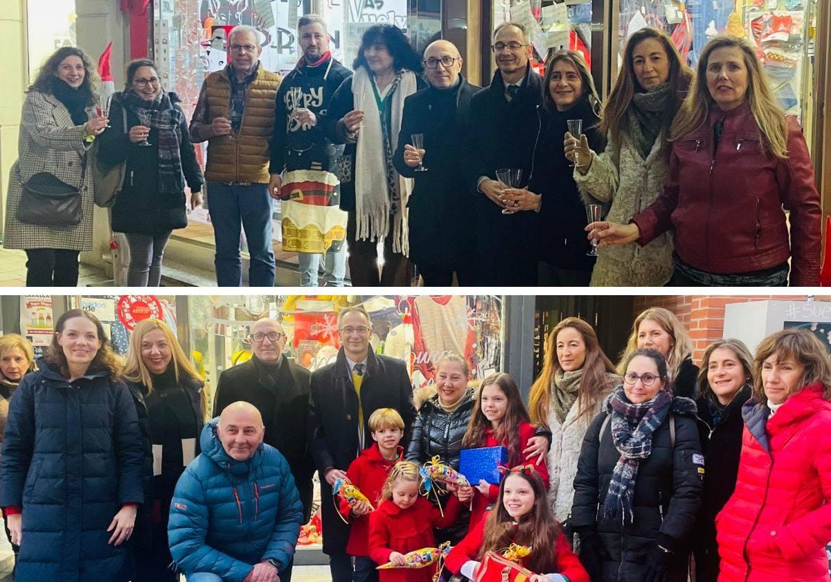 Fotomontage: oben stößt eine Gruppe vor einem Schaufenster an; unten ein Gruppenfoto mit Kindern in Rot und einem Mädchen im Rollstuhl.