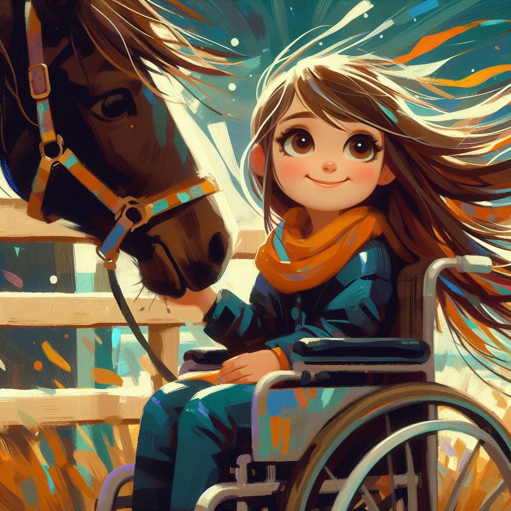 Kapitelillustration: Carolina streichelt von ihrem Rollstuhl aus die Schnauze eines Pferdes.