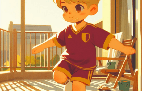 Kapitelillustration: Juanma spielt in seiner Fußballkleidung mit dem Ball auf der Terrasse.