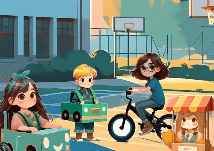 Kapitelillustration: Die Geschwister bereiten ihre Pappautos auf dem Schulhof vor.