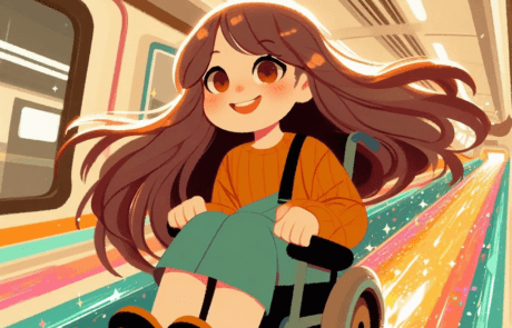 Kapitelillustration: Carolina fährt mit voller Geschwindigkeit eine bunte Rampe in der U-Bahn hinunter.