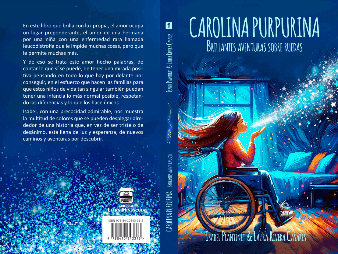 Vollständiger Umschlag des Buches Carolina Purpurina, Brillantes aventuras sobre ruedas, von Isabel Plantinet und Laura Rivera Casares.