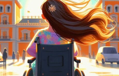 Kapitelillustration: Carolina, von hinten und in ihrem Rollstuhl, betrachtet den Palast.