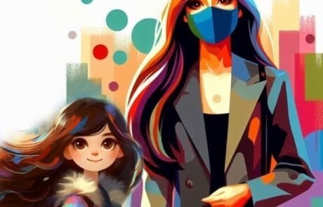 Kapitelillustration der Audienz: Carolina in Begleitung einer Frau mit Maske.