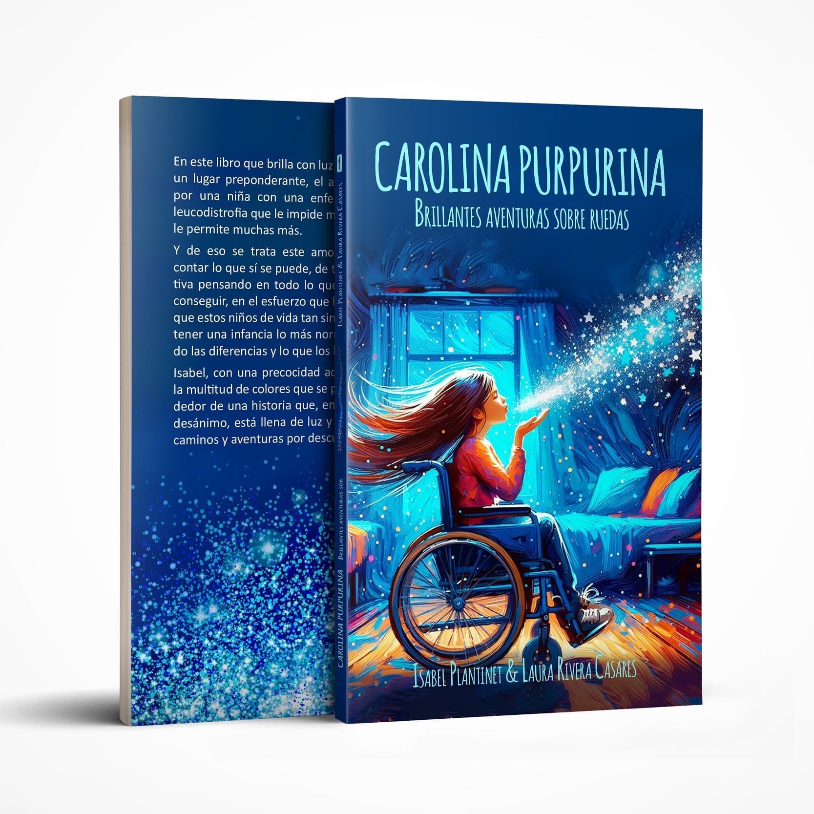 Bildmontage des Buches „Carolina Purpurina. Brillantes aventuras sobre ruedas“, mit der Vorder- und der Rückseite.