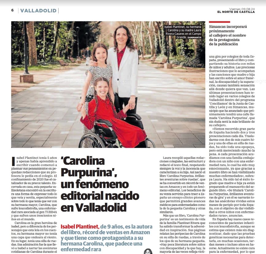 Seite der Zeitung El Norte de Castilla über den Verlagserfolg von „Carolina Purpurina“, mit einem Familienfoto.