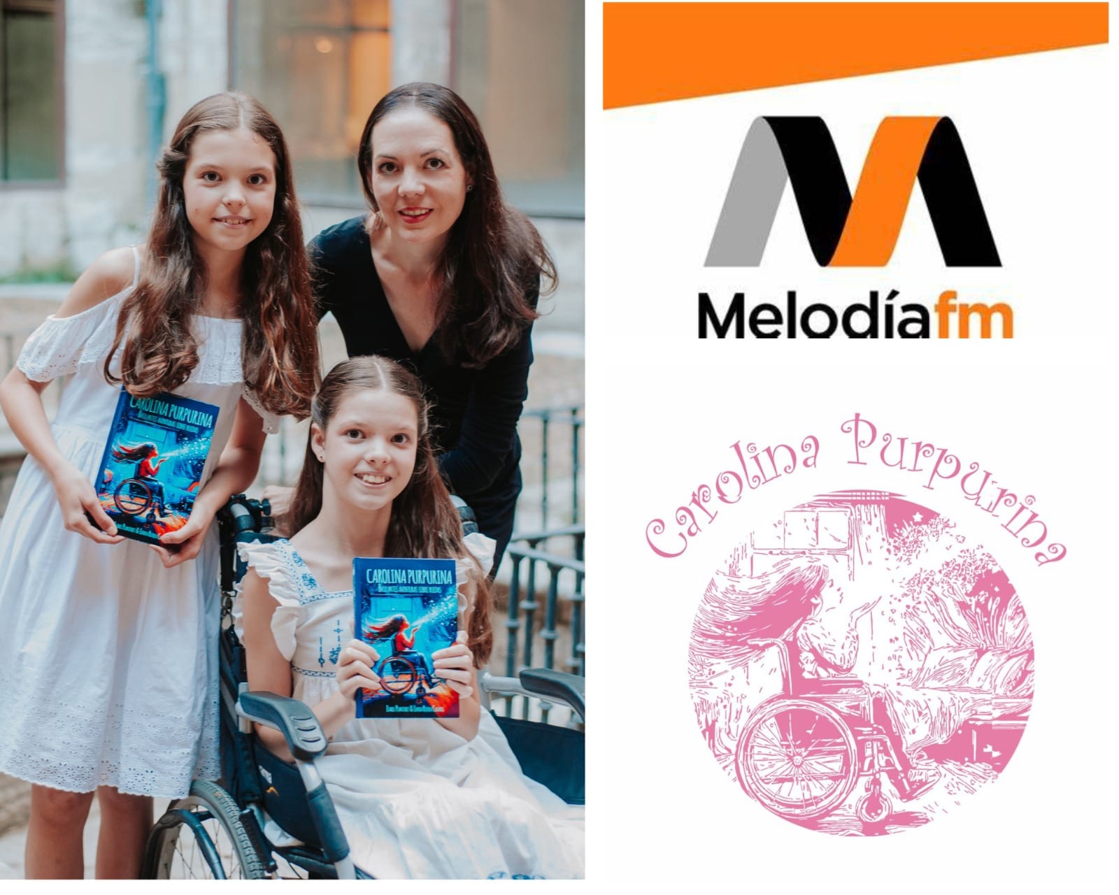 Bildmontage: zwei Mädchen, eines im Rollstuhl, zeigen das Buch neben einer Frau und dem Logo von Melodía fm.