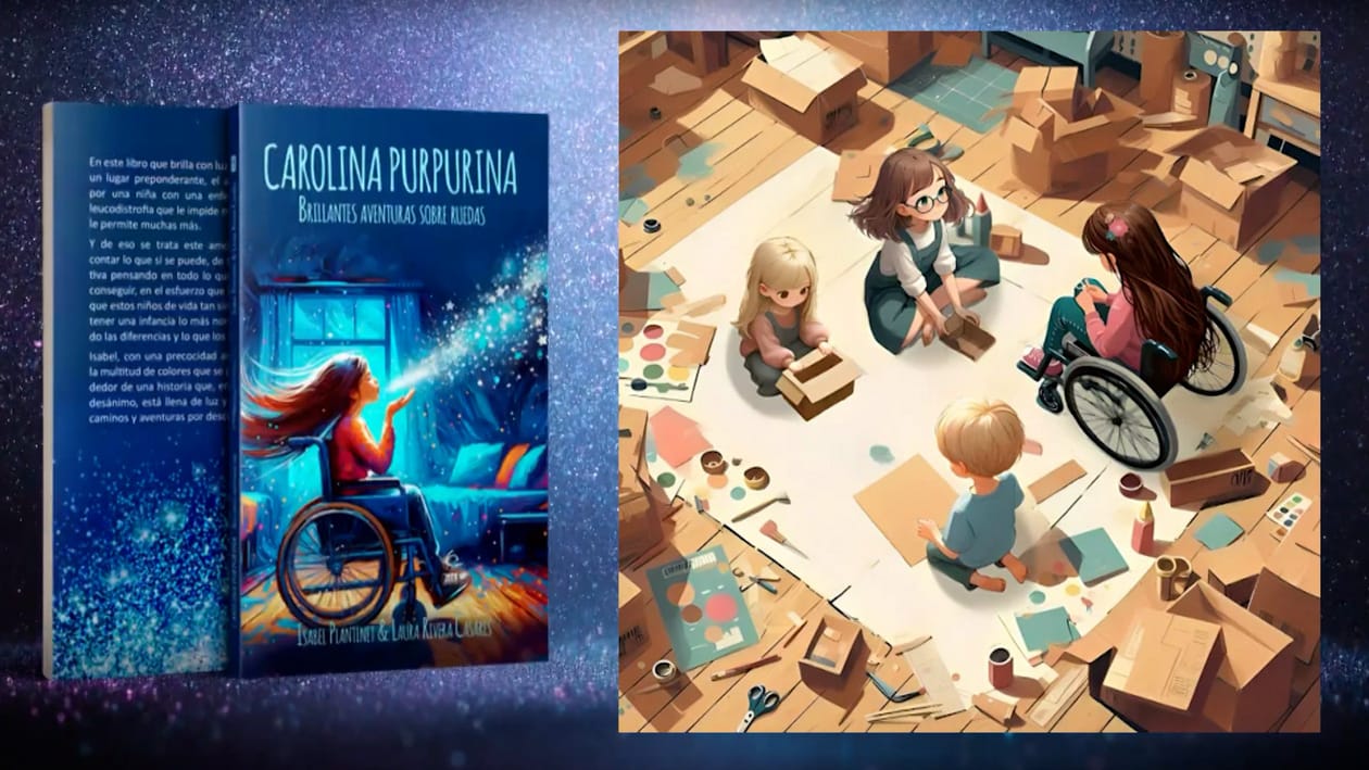 Fernsehbildschirm: Titelseite von „Carolina Purpurina“ und Illustration von Kindern, die mit Kartons spielen, eines im Rollstuhl.