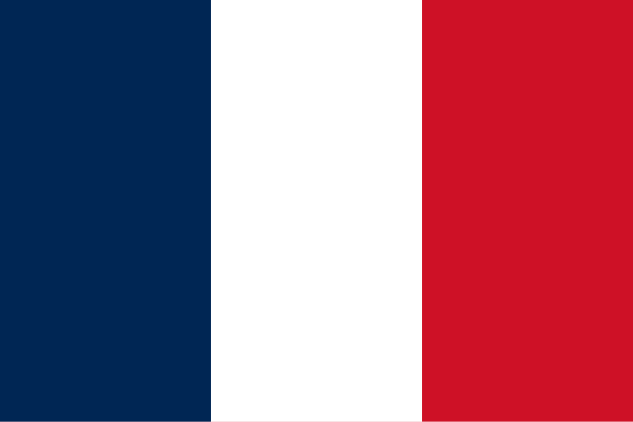 Flagge Frankreichs: drei senkrechte Streifen in Blau, Weiß und Rot.