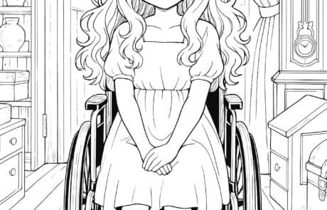 Ausmalbild: Carolina in ihrem Rollstuhl und im Festkleid, neben einer Standuhr.