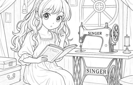 Ausmalbild: Carolina liest ein Buch auf dem Dachboden, neben einer alten Nähmaschine.