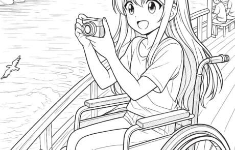 Ausmalbild: Carolina fotografiert mit ihrer Kamera vom Steg aus, mit einer Möwe im Hintergrund.