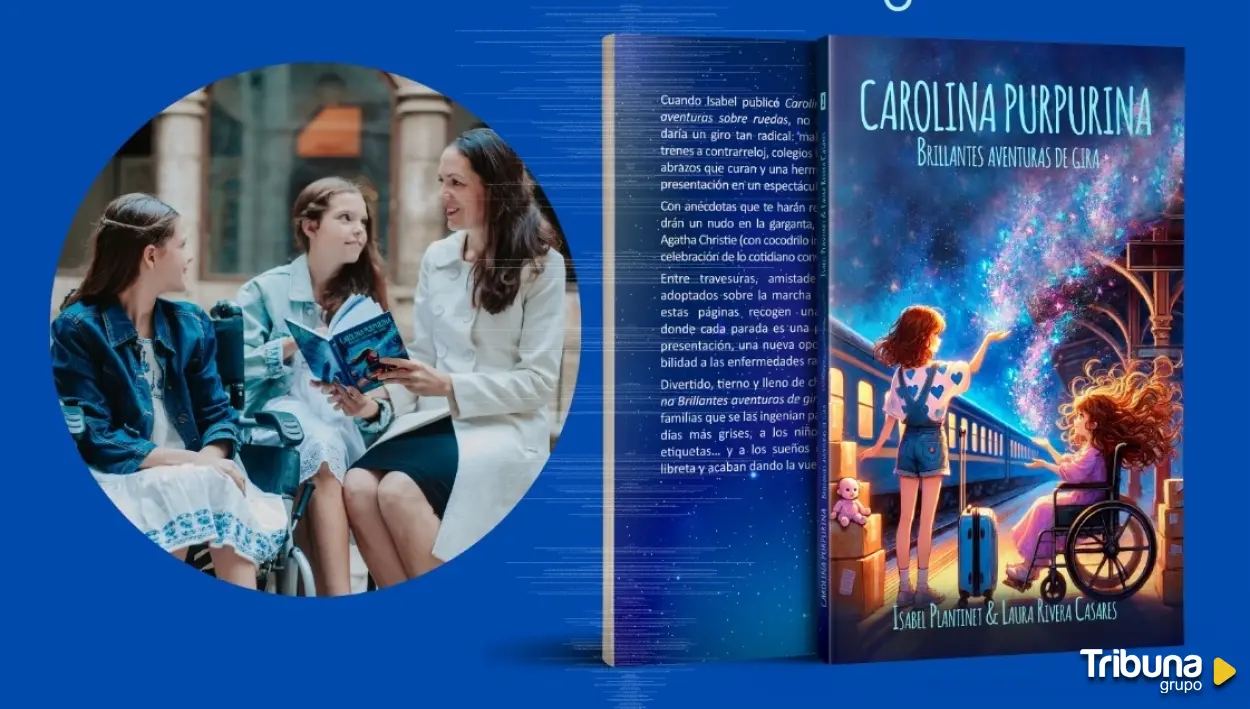 Bildmontage des Buches „Brillantes aventuras de gira“ neben einem Foto einer Frau und zweier Mädchen, die darin lesen, eines im Rollstuhl.