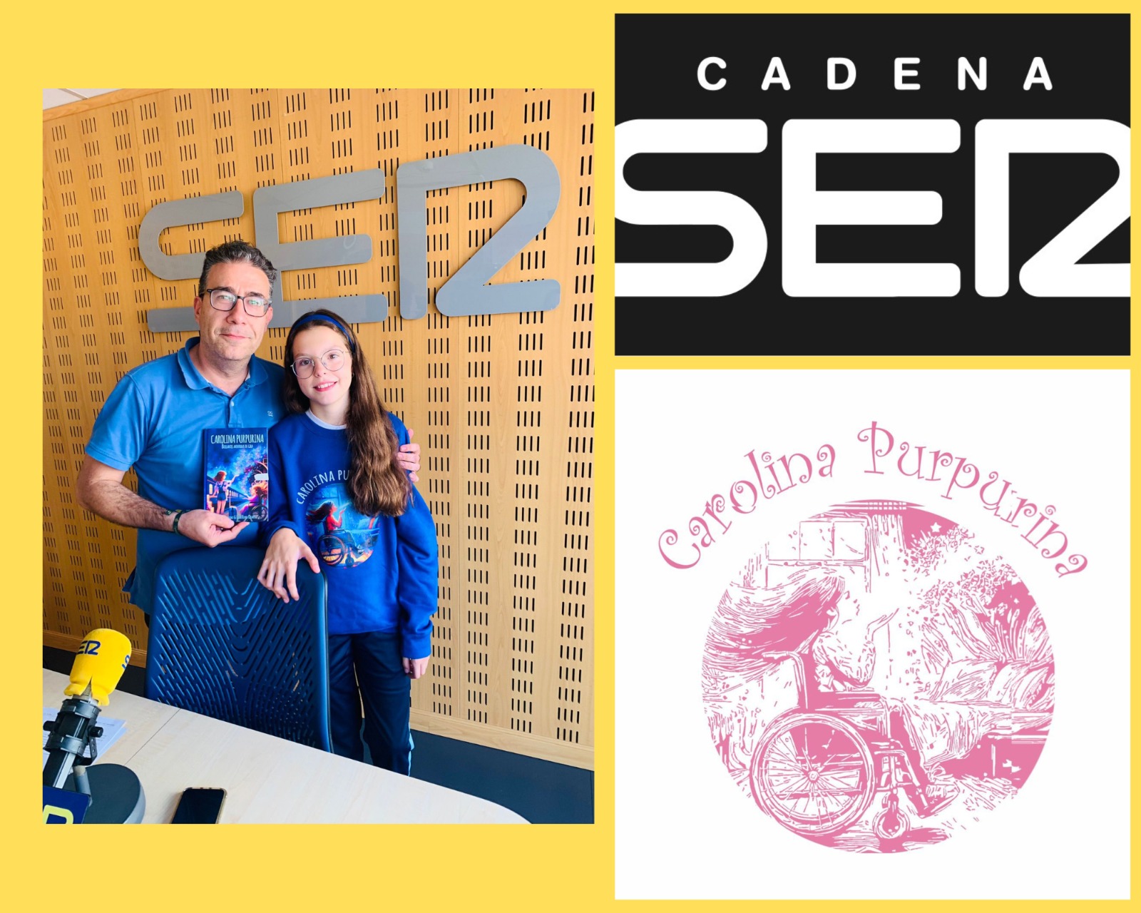 Isabel in einem Sweatshirt des Buches im Studio der Cadena SER neben einem Mann, der „Carolina Purpurina“ hält.
