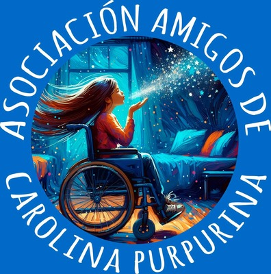Logo der Asociación Amigos de Carolina Purpurina: ein junges Mädchen im Rollstuhl pustet eine Handvoll Glitzer.