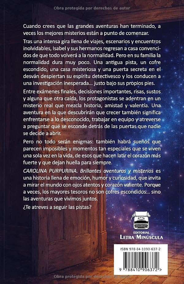 Rückseite von „Carolina Purpurina. Brillantes aventuras y misterios“, mit der Inhaltsangabe des Buches.