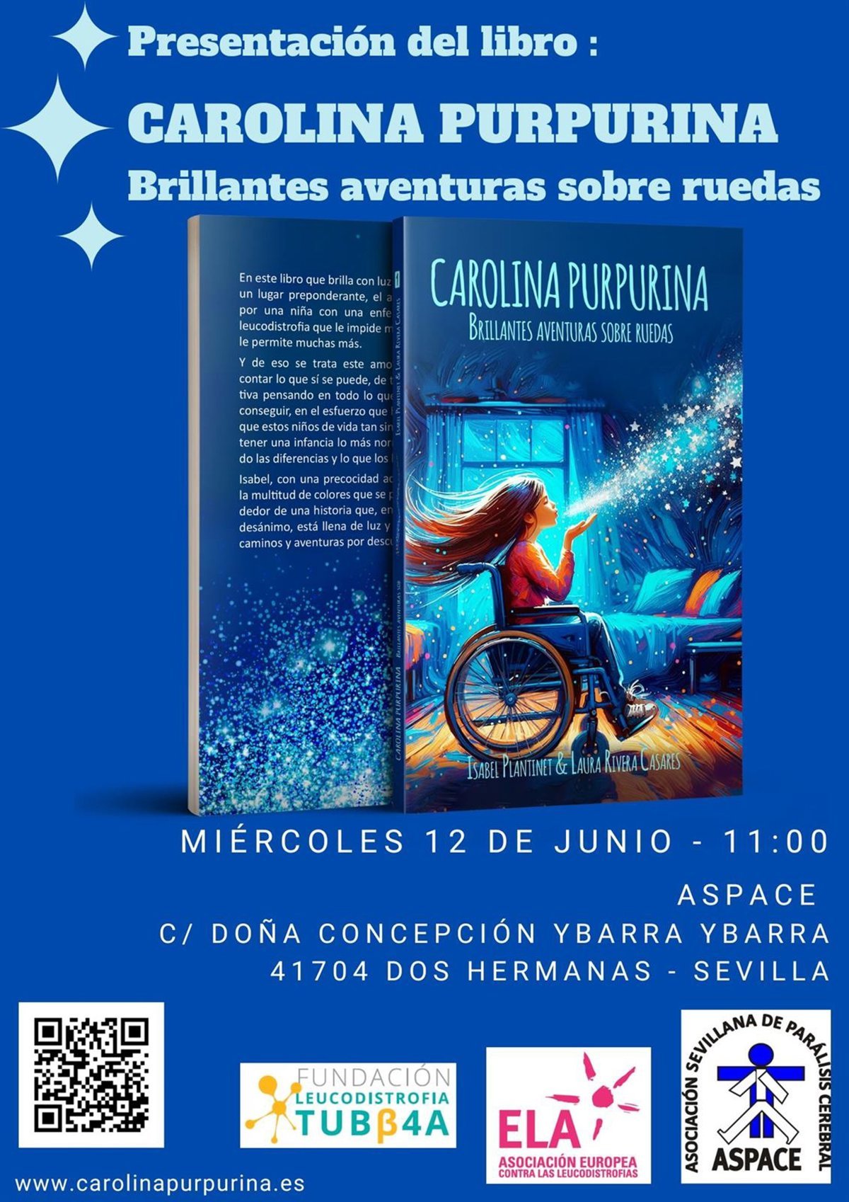 Plakat der Buchvorstellung am 12. Juni um 11 Uhr bei ASPACE in Dos Hermanas (Sevilla), mit dem Cover und den Logos der Vereine.